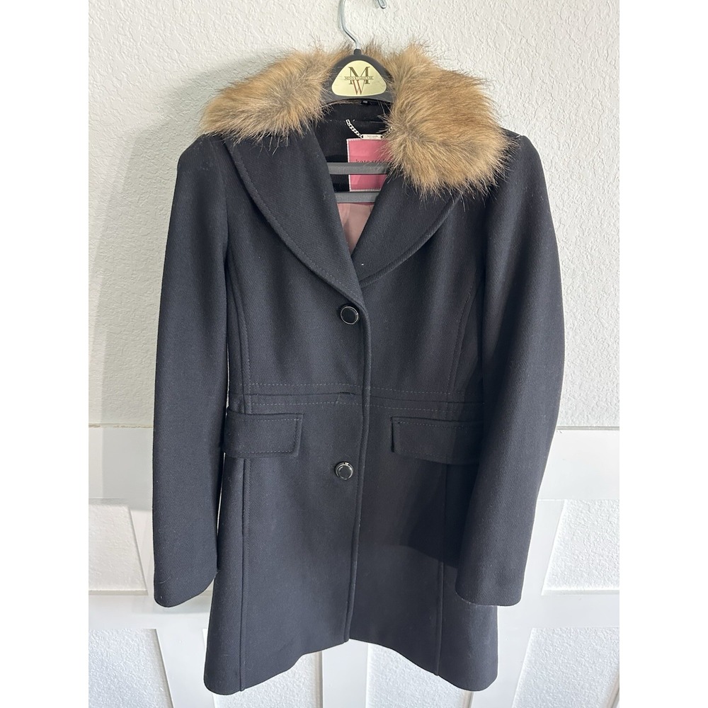 Kate Spade Black Wool Blend Peacoat w Detachable Faux Fur Collar Womens Small - Picture 2 of 7